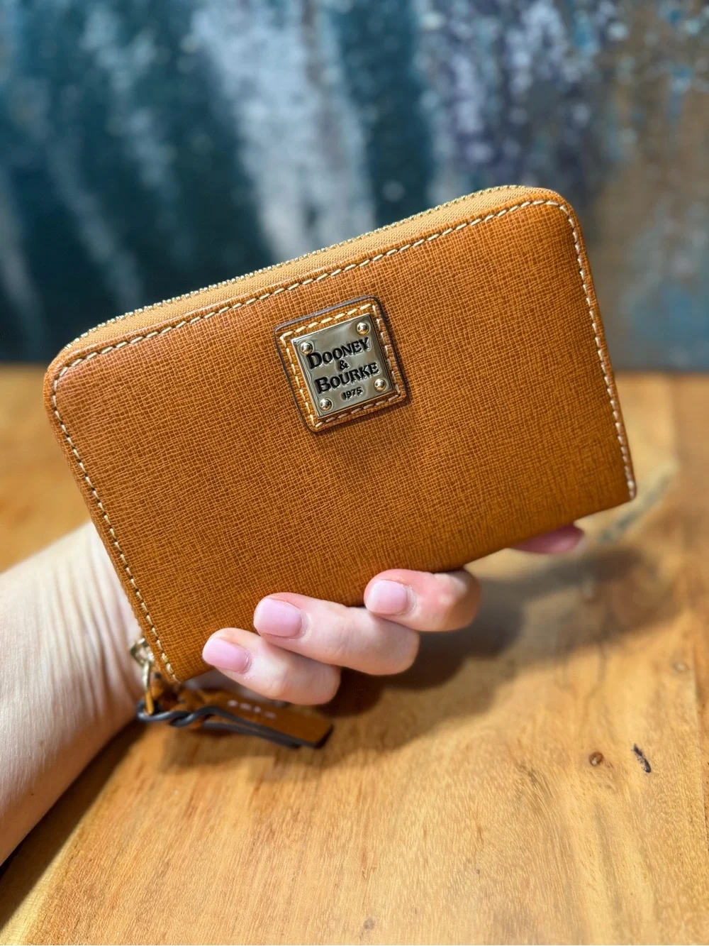 Dooney & Bourke Classic Saffiano Leather Zip Wristlet Wallet Warm Gingerbread